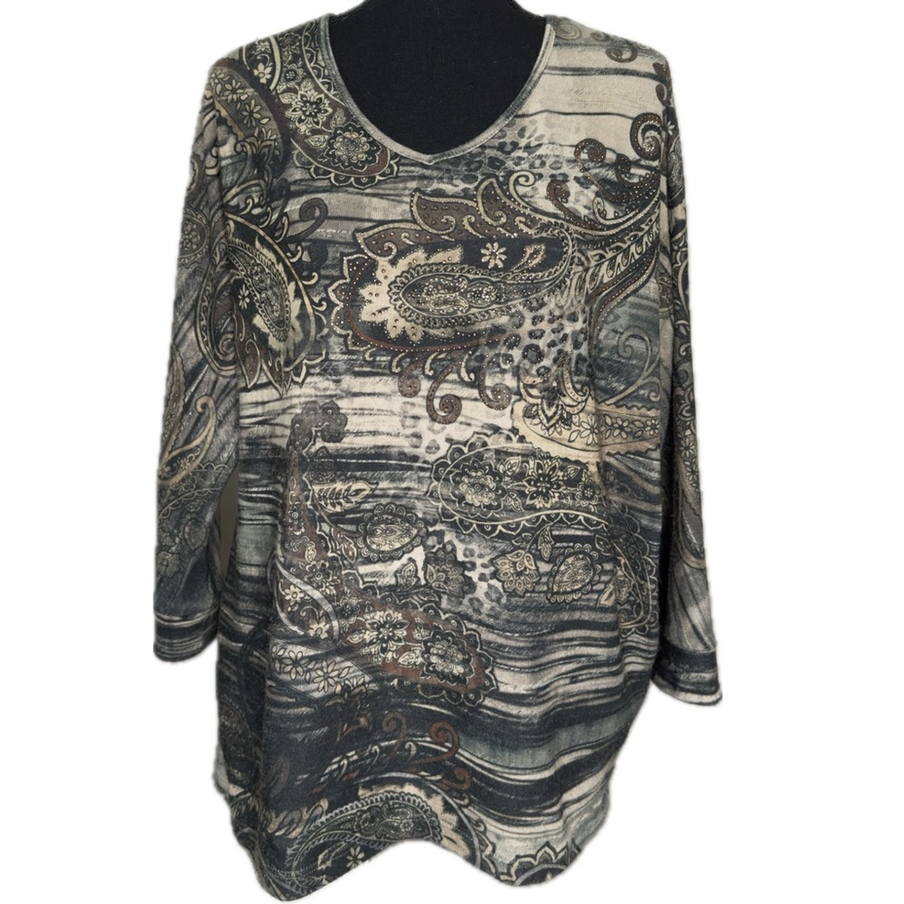 Chico’s Beaded Dolman Sleeve Sweater Top Sz 1 M 8 Tan Brown Green